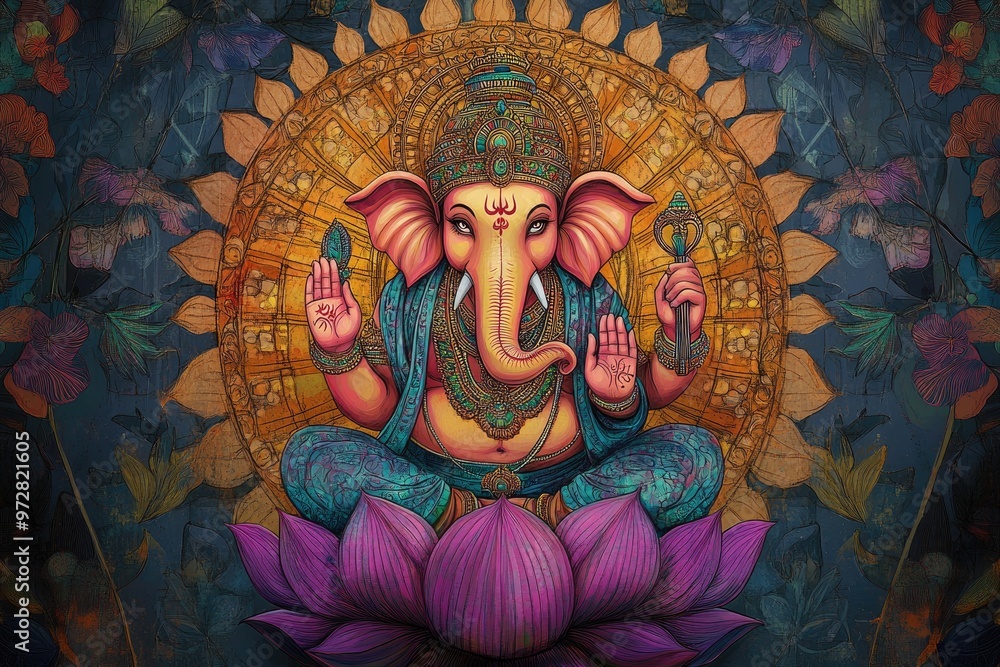 Obraz premium Elegant depiction of Lord Ganesha in vibrant colors with intricate patterns, sitting on a lotus