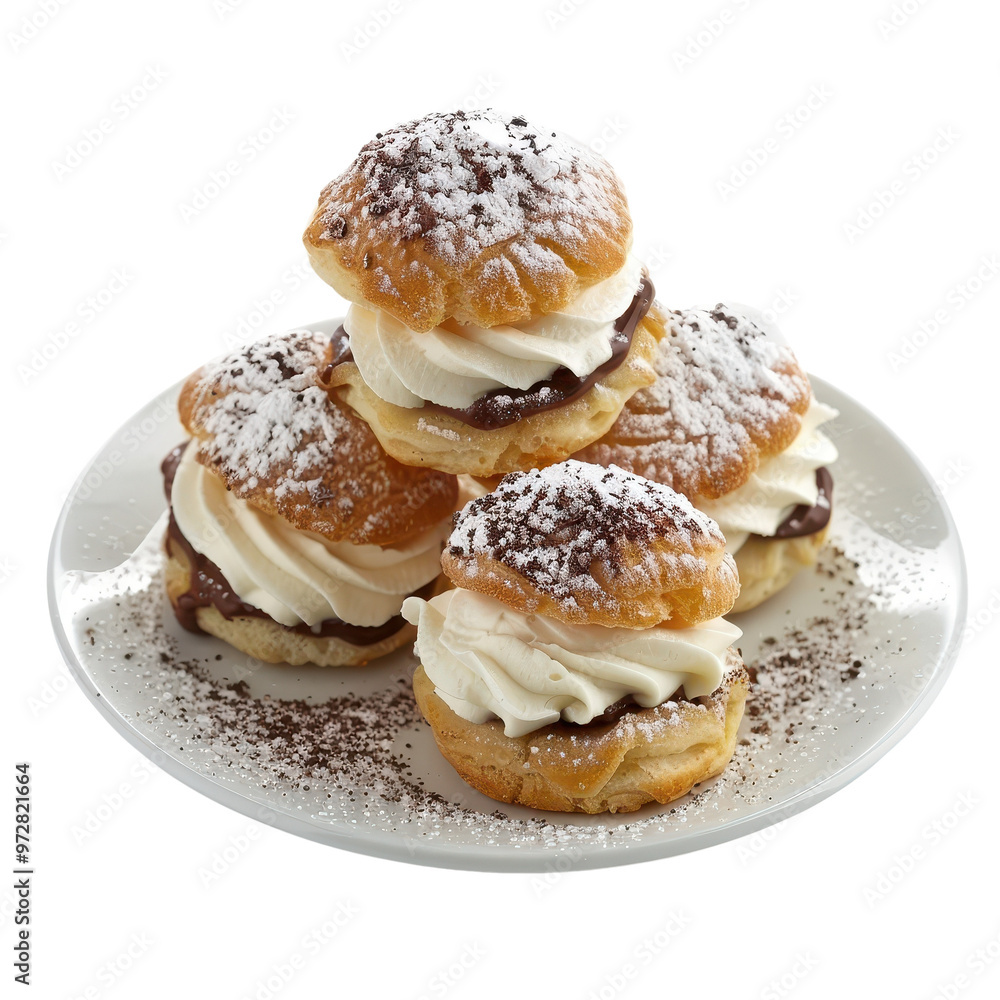Delicious Cream Puffs with Chocolate and Powdered Sugar on White Plate Delicious Cream Puffs with Chocolate and Powdered Sugar on White Plate