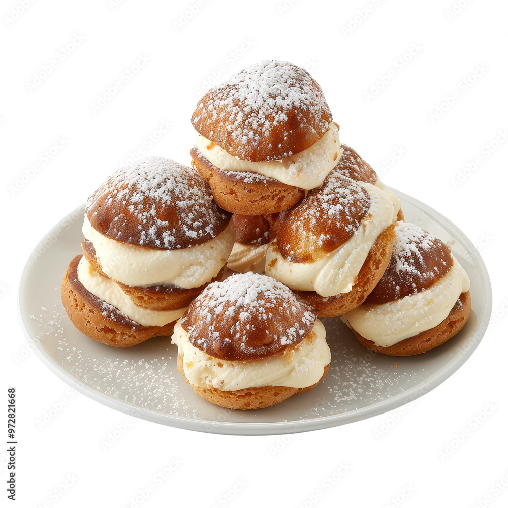 Delicious Cream Puffs with Powdered Sugar on White Plate Delicious Cream Puffs with Powdered Sugar on White Plate