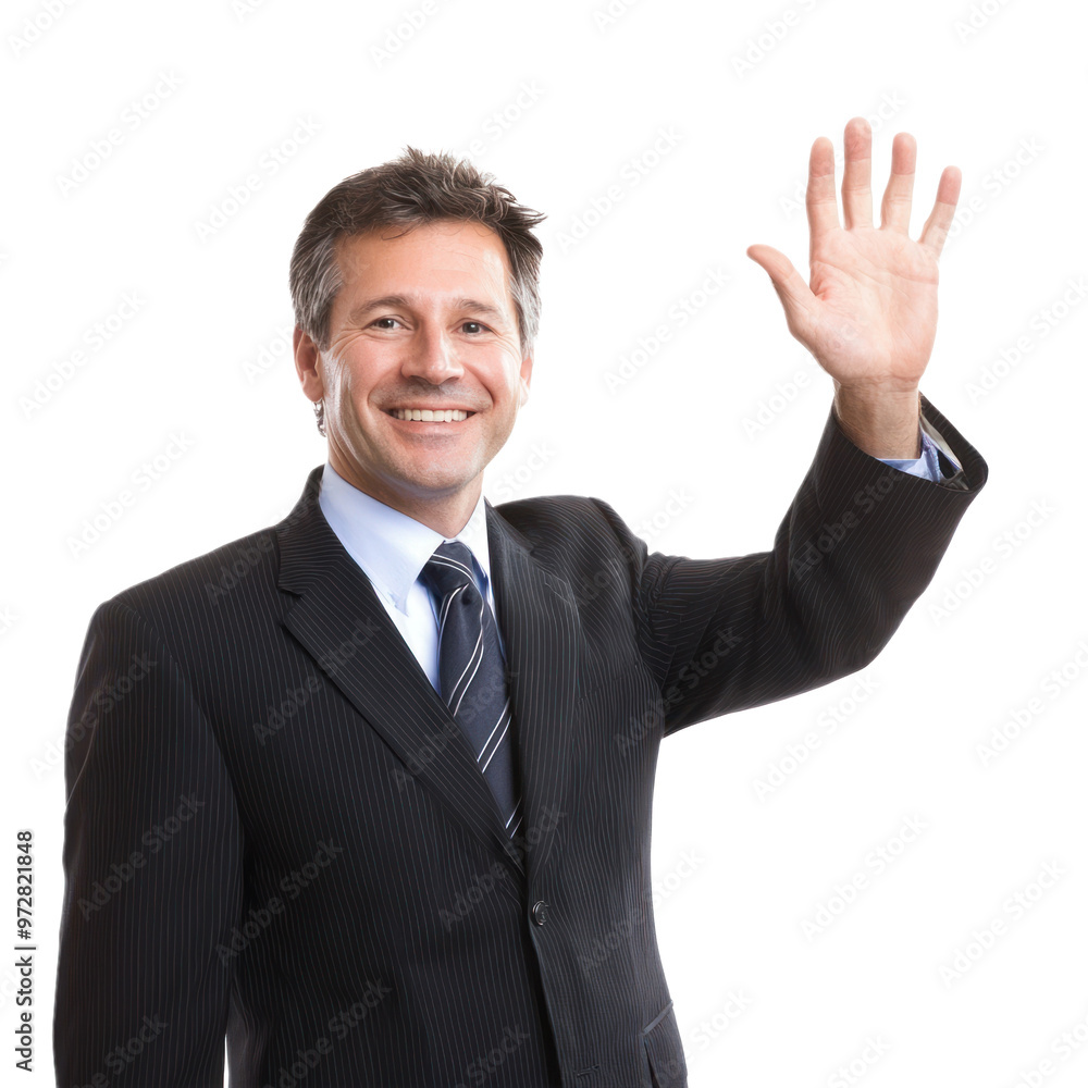 A politician waving to an unseen crowd with a warm, charismatic smile. isolated on transparency background A politician waving to an unseen crowd with a warm, charismatic smile. isolated on transparency background