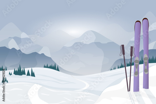 Snowy mountain landscape with trees and skis, in vector graphic style. Natural winter scenery concept. Vector illustrations. Banner, poster, invitation design.