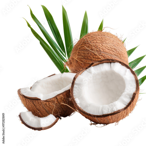 Fresh coconut with palm leaf isolated transparent background
