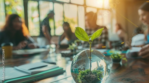 Group of students studying at a desk with a glass globe and sprouting plant on the table, representing the sustainable development goal concept of environment protection