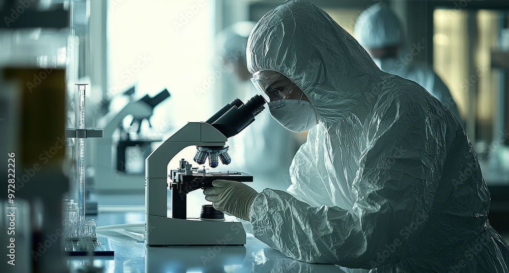 Scientist in protective gear examining samples under a microscope in a modern laboratory setting Scientist in protective gear examining samples under a microscope in a modern laboratory setting