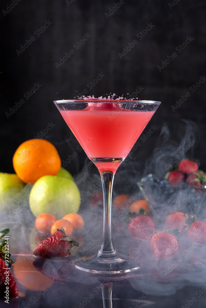 custom made wallpaper toronto digitalCocktail glass with fresh fruits, apples, strawberries, kumquats and blueberries making a splash with the liquid flying