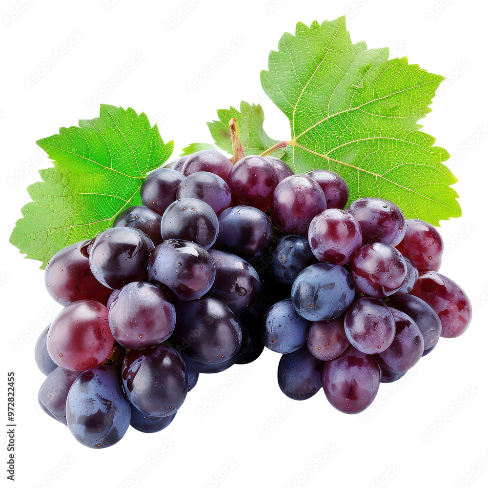 Fototapeta premium Fresh red grapes with green leaves isolated transparent background