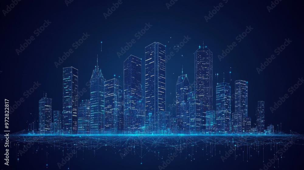 A futuristic vector illustration of a smart city panorama, designed in a digital polygonal style. The cityscape features tech buildings rendered with low poly wireframe elements, set against a dark bl