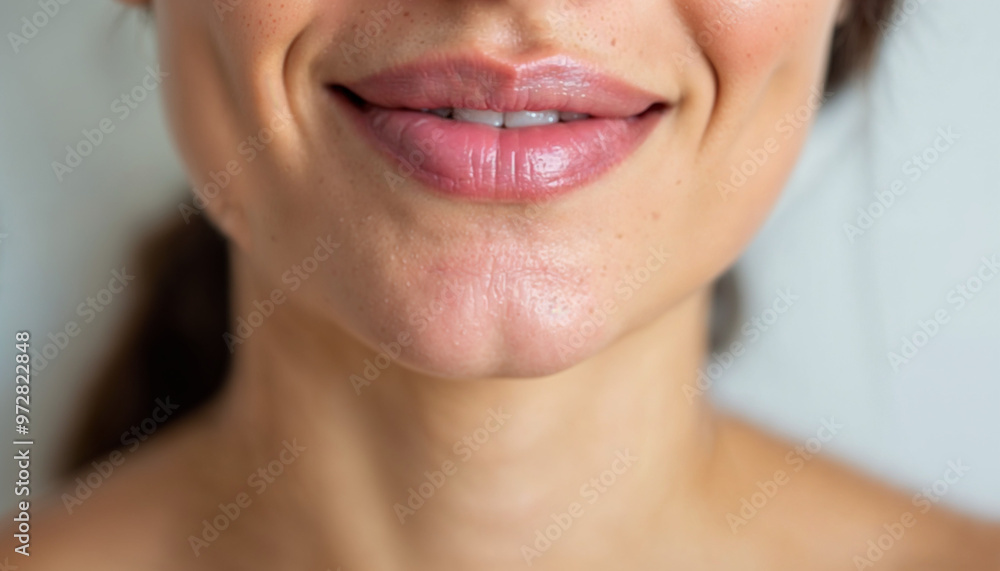 Obraz premium Close-up of a woman’s lower face focusing on her plump, well-maintained lips with a neutral background.