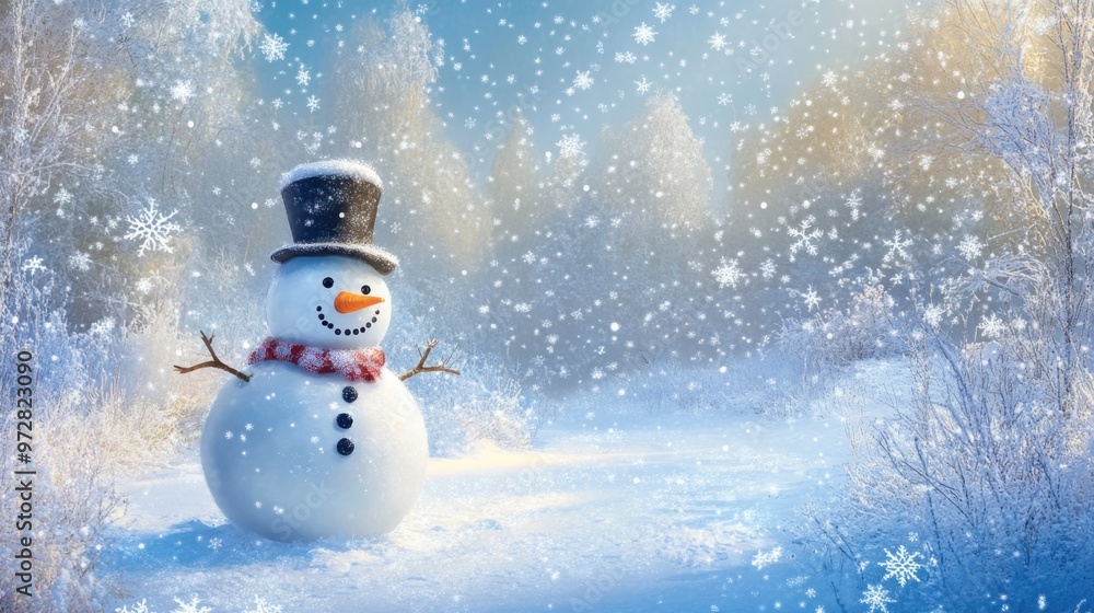 Enchanting winter wonderland featuring a smiling snowman, frosted trees, and softly Enchanting winter wonderland featuring a smiling snowman, frosted trees, and softly
