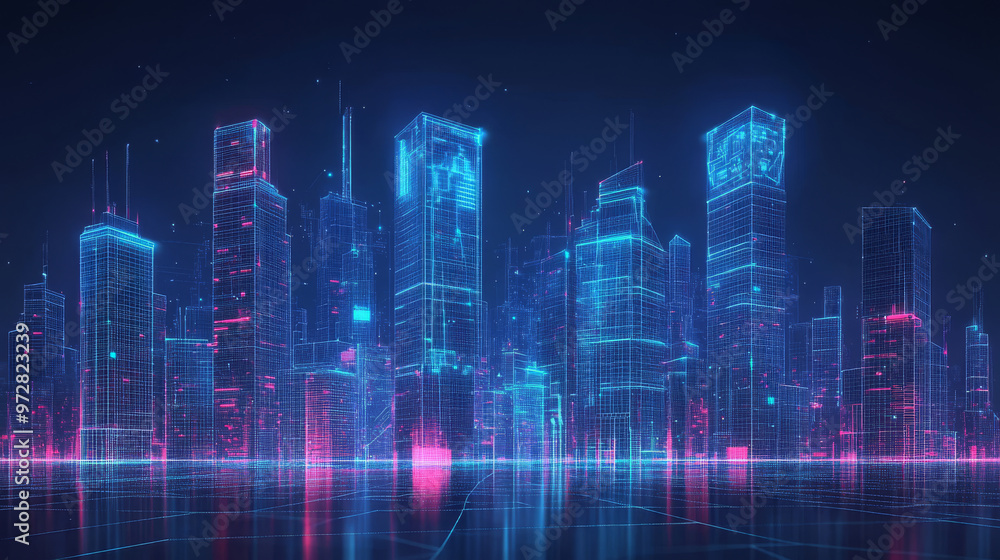 A futuristic vector illustration of a smart city panorama, designed in a digital polygonal style. The cityscape features tech buildings rendered with low poly wireframe elements, set against a dark bl A futuristic vector illustration of a smart city panorama, designed in a digital polygonal style. The cityscape features tech buildings rendered with low poly wireframe elements, set against a dark bl