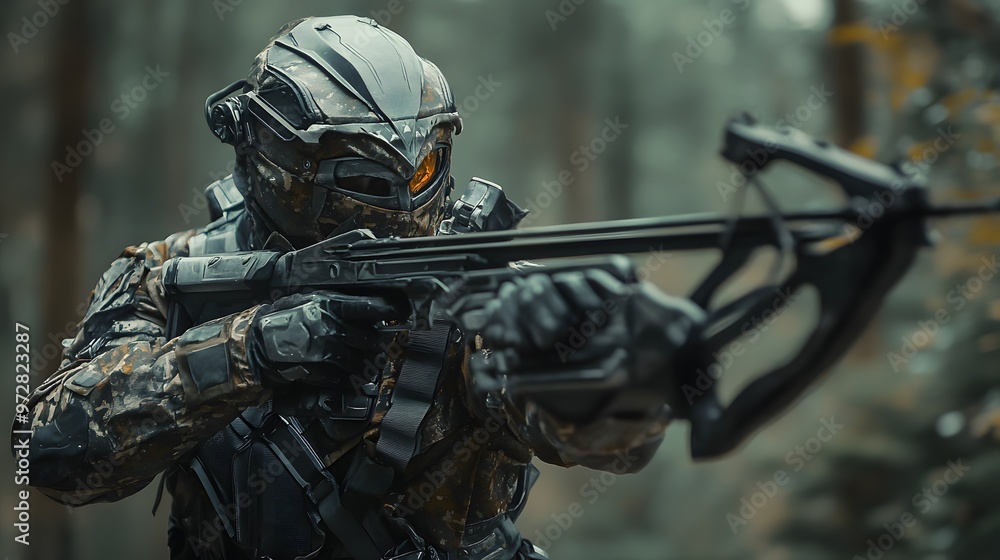 31. **An armored ranger in forest camouflage, holding a crossbow 31. **An armored ranger in forest camouflage, holding a crossbow