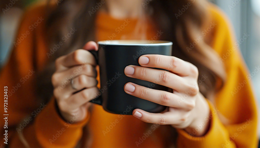 Woman holding steaming black mug of hot beverage Woman holding steaming black mug of hot beverage