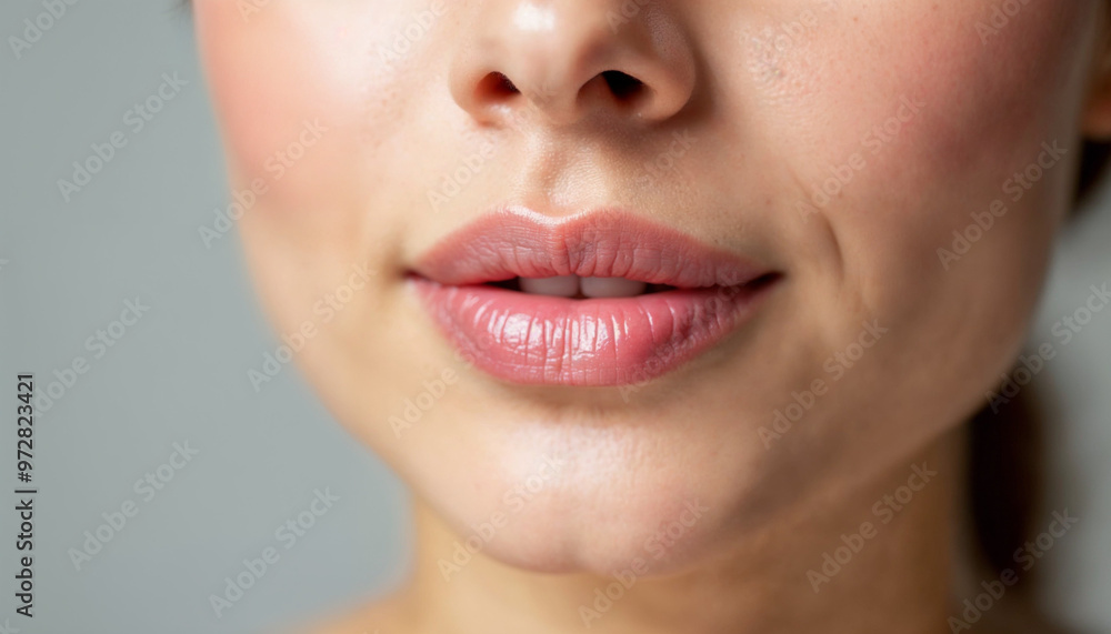 Obraz premium Close-up of a woman’s lower face focusing on her plump, well-maintained lips with a neutral background.