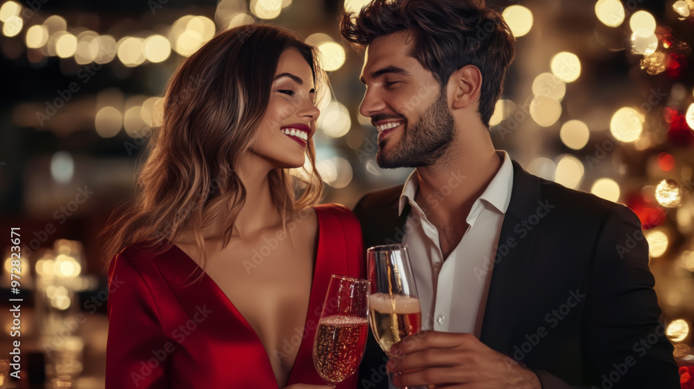 Smiling couple in red attire celebrating with champagne Smiling couple in red attire celebrating with champagne