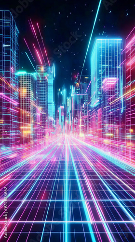 A futuristic digital design with a neon grid pattern leading into a glowing cityscape, with vibrant pinks, blues, and purples in a retro-futuristic style. wallpaper, smartphone, background