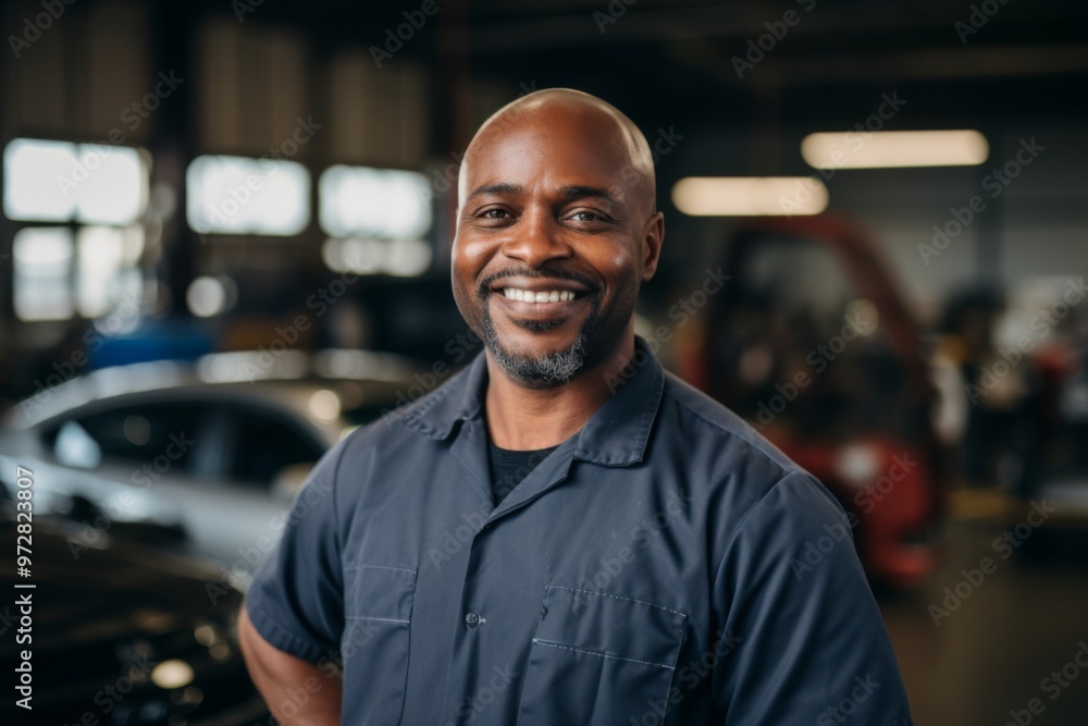 Portrait of a middle aged African American mechanic in shop Portrait of a middle aged African American mechanic in shop