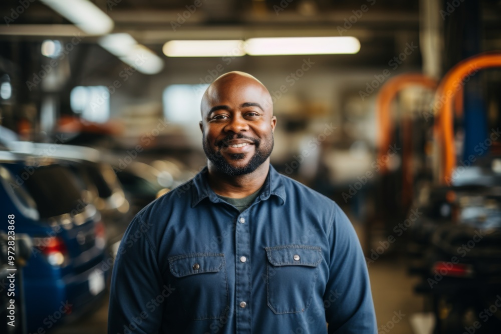 Portrait of a middle aged African American mechanic in shop Portrait of a middle aged African American mechanic in shop