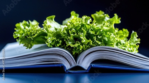 An open book with fresh green lettuce, symbolizing the blend of knowledge and healthy eating. Ideal for nutrition themes. photo