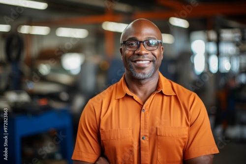 Portrait of a middle aged African American mechanic in shop