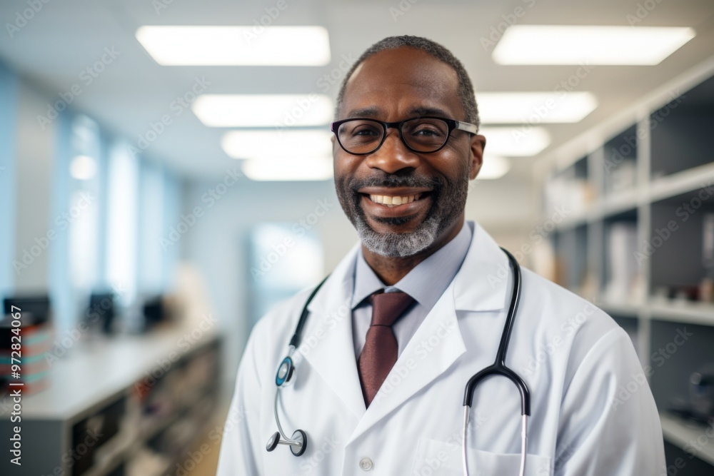 Portrait of a middle aged African American doctor in hospital Portrait of a middle aged African American doctor in hospital