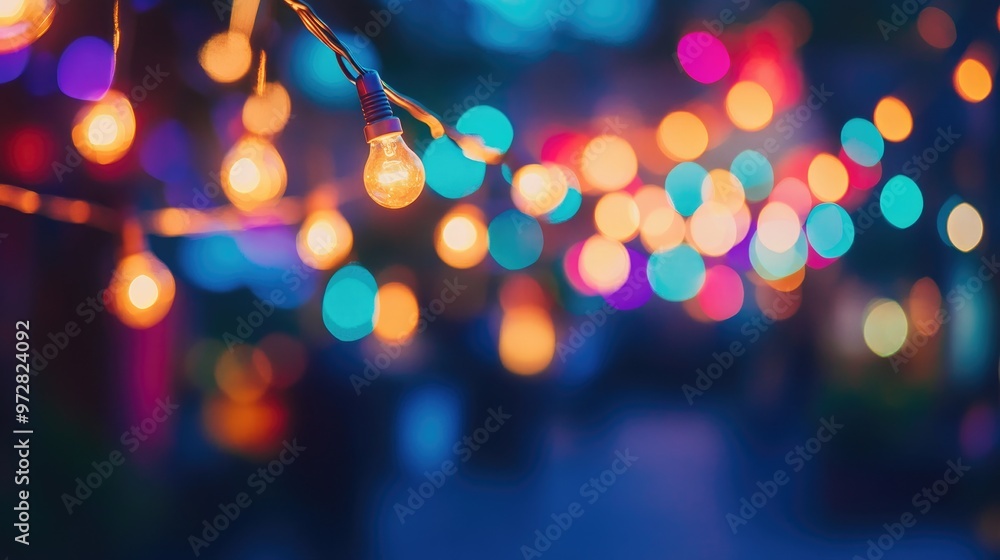 A string of fairy lights hanging in the foreground, with a bokeh effect of colorful lights in the background. A string of fairy lights hanging in the foreground, with a bokeh effect of colorful lights in the background.