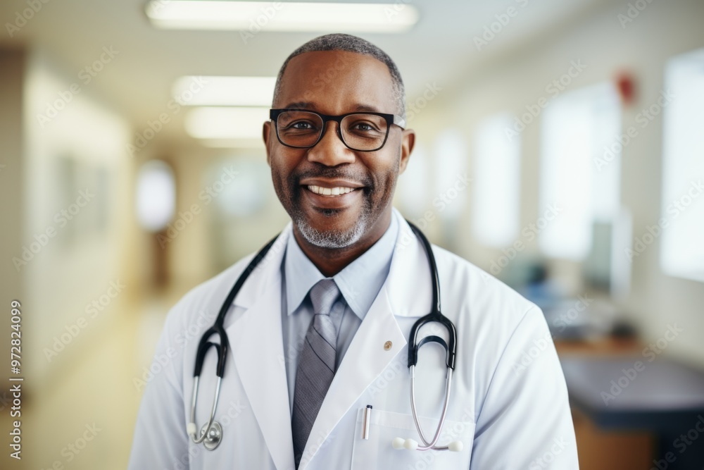 Portrait of a middle aged African American doctor in hospital Portrait of a middle aged African American doctor in hospital