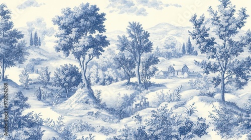 elegant blue and white toile pattern intricate pastoral scenes delicate brushwork classic french country aesthetic