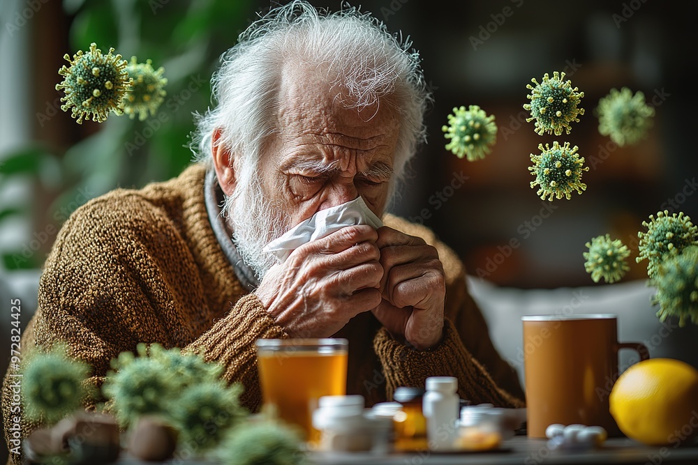 An elderly man is not feeling well, sitting at home on the sofa covered with a blanket, holding a cup with a drink in his hands and wiping his nose with a napkin from a runny nose An elderly man is not feeling well, sitting at home on the sofa covered with a blanket, holding a cup with a drink in his hands and wiping his nose with a napkin from a runny nose