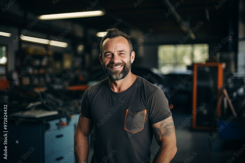 Portrait of a middle aged Caucasian mechanic in shop Portrait of a middle aged Caucasian mechanic in shop