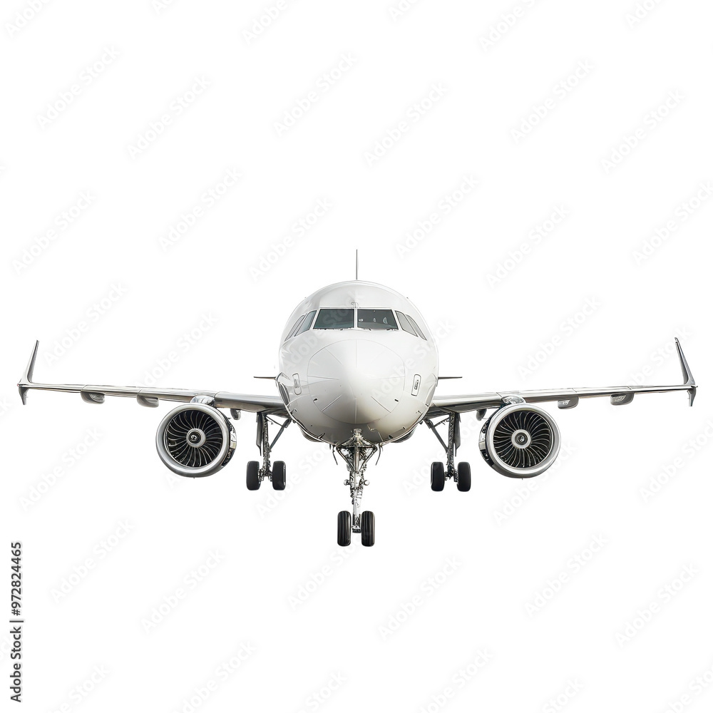 White airplane front view landing gear isolated transparent background White airplane front view landing gear isolated transparent background