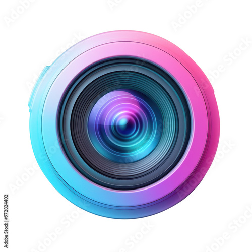 Minimalistic 3D Social Media Camera Lens Icon in Teal to Violet Gradient on White Background