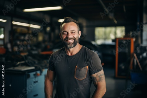 Portrait of a middle aged Caucasian mechanic in shop