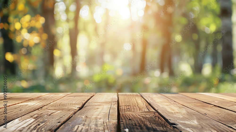 Fototapeta premium A serene wooden table with sunlight filtering through a forest, perfect for showcasing natural beauty and rustic charm.
