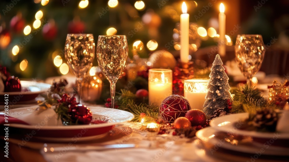 elegant christmas dinner setting luxurious restaurant table opulent decorations warm candlelight fine china festive centerpiece inviting ambiance elegant christmas dinner setting luxurious restaurant table opulent decorations warm candlelight fine china festive centerpiece inviting ambiance