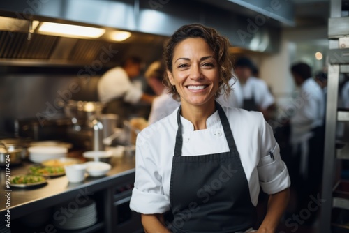 Fototapeta Naklejka Na Ścianę i Meble -  Portrait of a middle aged Hispanic female chef in kitchen