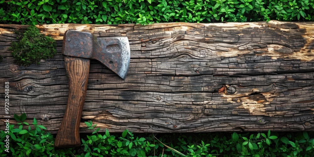 Axe set within a worn wooden beam surrounded by vibrant green grass. Axe set within a worn wooden beam surrounded by vibrant green grass.