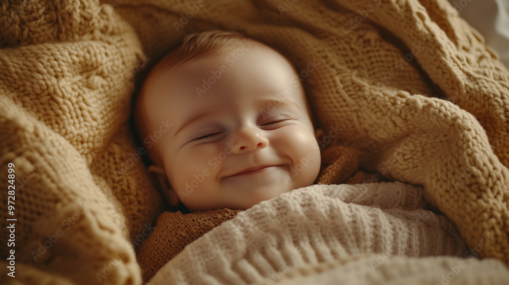 Smiling baby wrapped in a cozy blanket, peacefully sleeping Smiling baby wrapped in a cozy blanket, peacefully sleeping