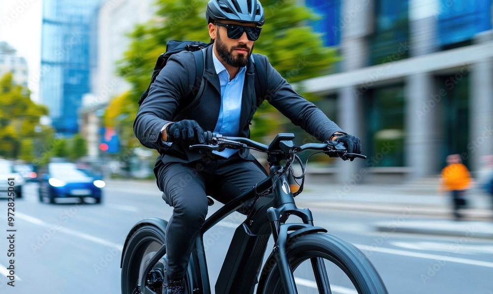 Businessman Riding Electric Bike Home from City in Suburban Setting