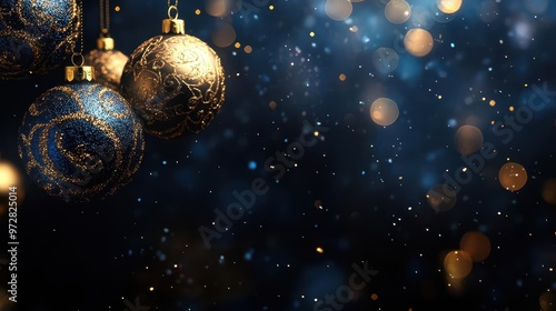 elegant dark blue christmas scene ornate golden baubles suspended from top rich luxurious atmosphere with subtle sparkle and depth evoking midnight celebration