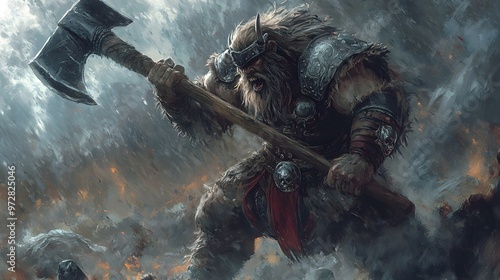 27. **A wild barbarian warrior in fur armor, wielding a giant axe