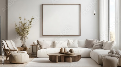 elegant living room featuring a large blank picture frame on a white wall with scandinavianstyle furniture and minimalist decor in soft neutral tones