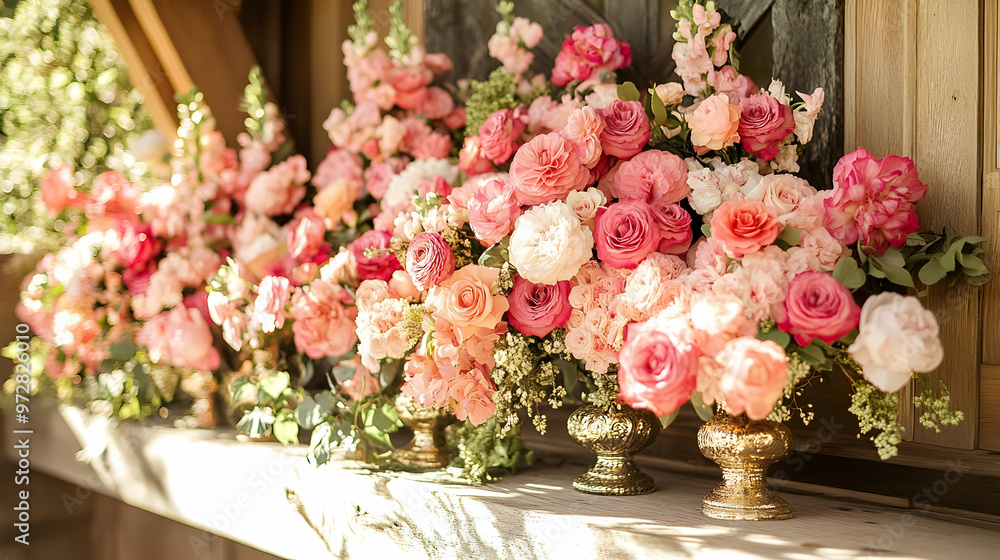A beautiful arrangement of pink and peach roses in ornate vases, enhancing a decorative space.