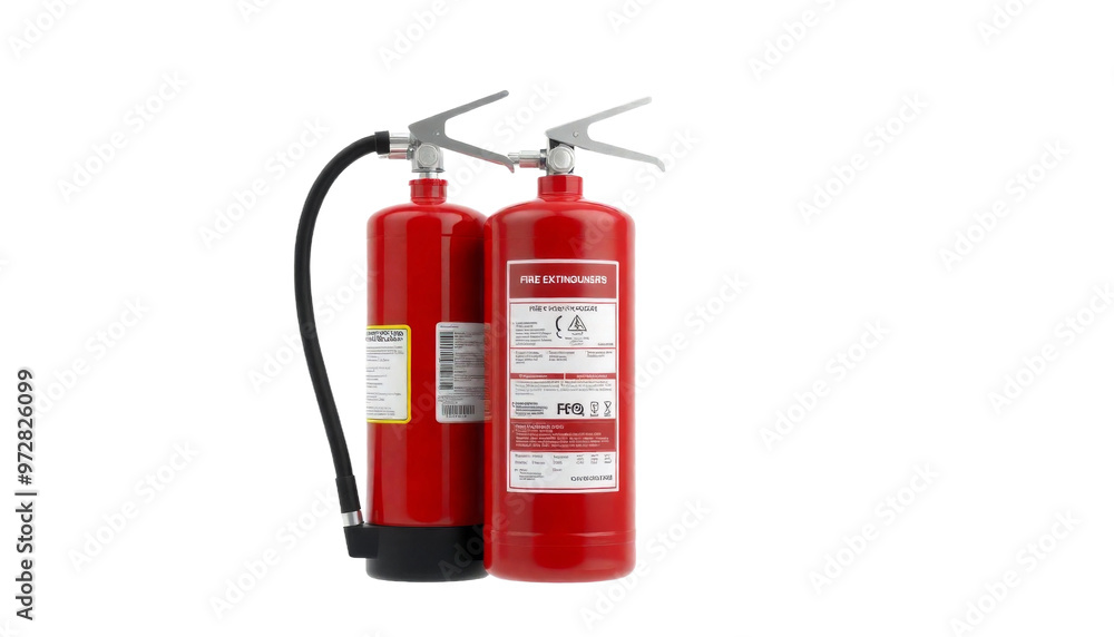 Two red fire extinguishers displayed on a transparent background for safety awareness and emergency preparedness Two red fire extinguishers displayed on a transparent background for safety awareness and emergency preparedness