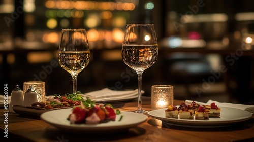 elegant restaurant table setting dim romantic lighting gourmet tapas array sophisticated ambiance selective focus