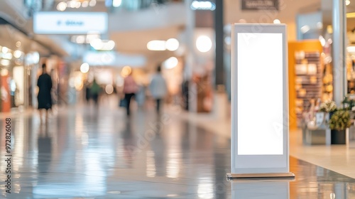 elegant rollup banner mockup in a bustling shopping center wide format with clean design reflective floor ambient lighting and blurred shoppers create a realistic retail atmosphere