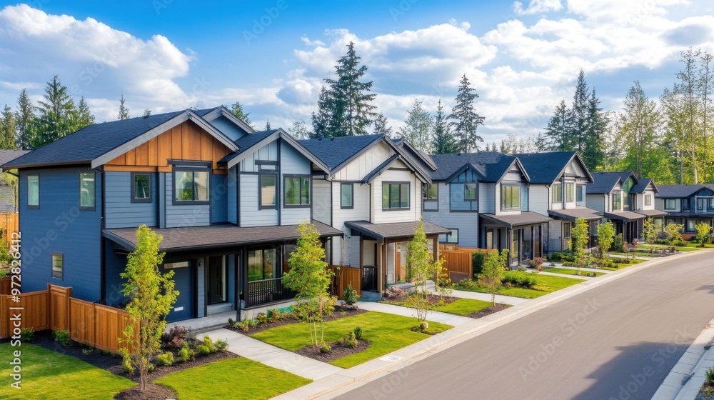 Freshly constructed homes in a new residential neighborhood, with modern Freshly constructed homes in a new residential neighborhood, with modern