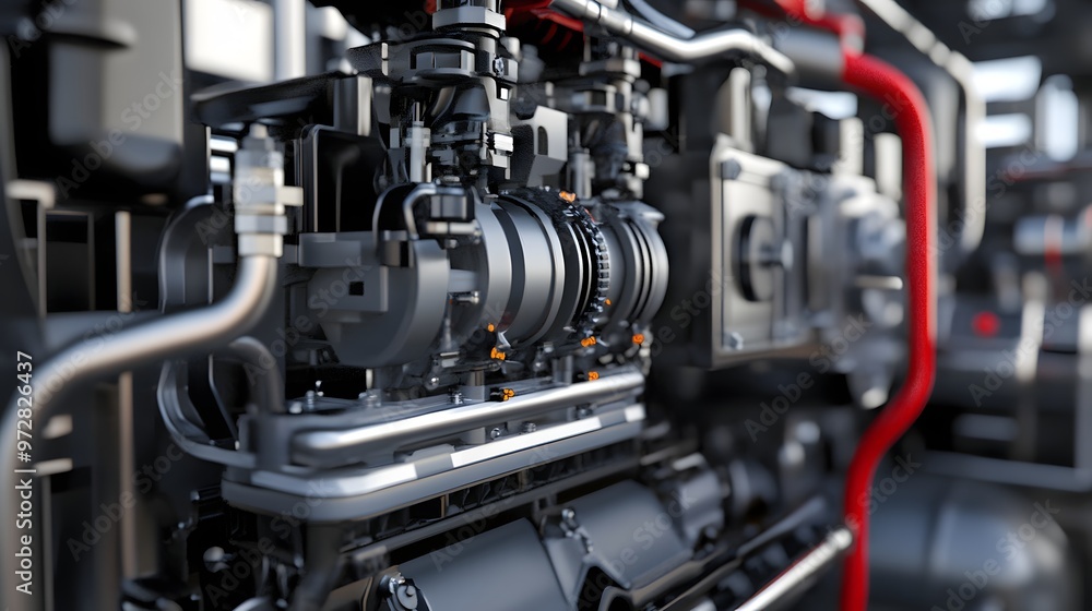 48. **Detailed 3D depiction of a robust generator engine with exposed fuel lines and alternator 48. **Detailed 3D depiction of a robust generator engine with exposed fuel lines and alternator