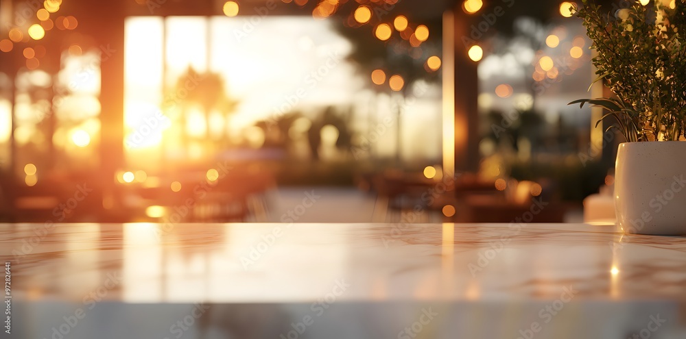 Sunset view from a restaurant with a marble table. Sunset view from a restaurant with a marble table.