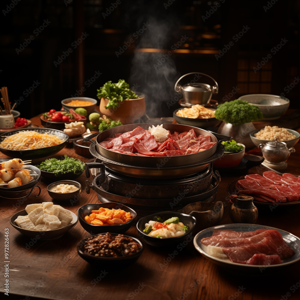 Shabu set and many other dishes including beef, pork, chicken, vegetables, and more. Shabu set and many other dishes including beef, pork, chicken, vegetables, and more.