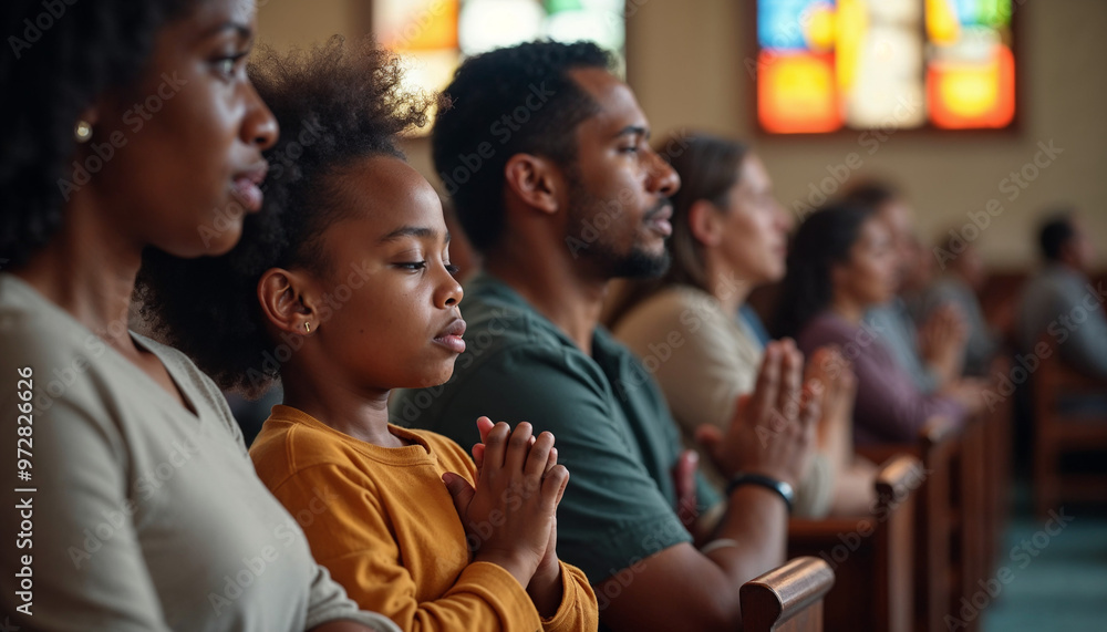 Close-up of a young African American child in prayer between their parents during a busy church service.
Close-up of a young African American child in prayer between their parents during a busy church service.
